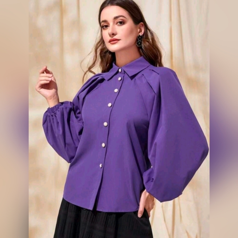 SHEIN Purple Button-Front Puff Sleeve Blouse